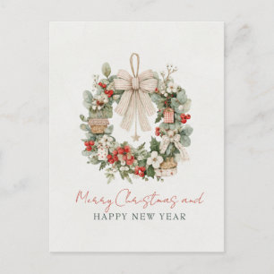 Minimalist Watercolor Christmas Wreath Postcard