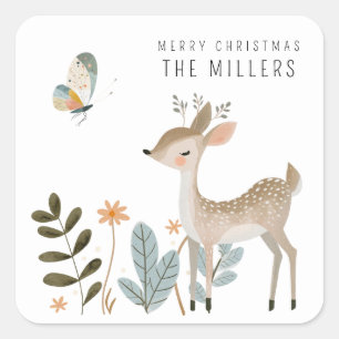 Minimalist Watercolor Deer and Butterfly Square Sticker