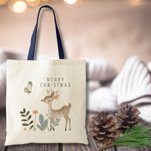 Minimalist Watercolor Deer and Butterfly Tote Bag