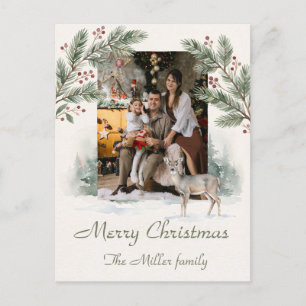 Minimalist Watercolor Deer Custom Photo Christmas Holiday Postcard