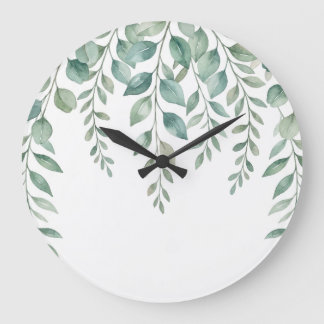 Minimalist Watercolor Eucalyptus Cascading Monogra Large Clock