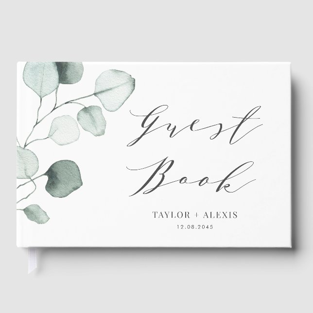 Minimalist Watercolor Eucalyptus Leaves Wedding Guest Book (Front)