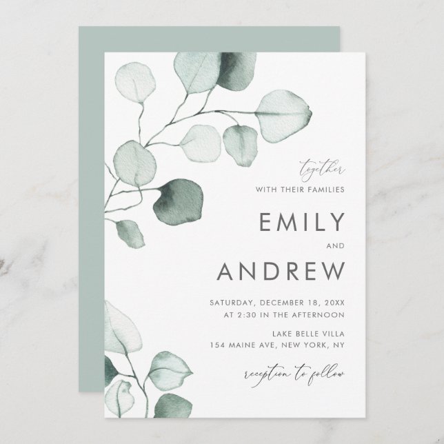 Minimalist Watercolor Eucalyptus Leaves Wedding Invitation (Front/Back)