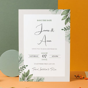 Minimalist Watercolor Floral Beige & Green Wedding Invitation