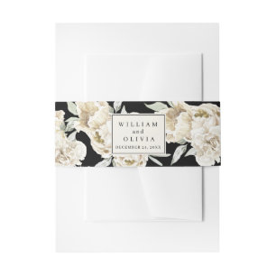 Minimalist watercolor floral black wedding invitation belly band