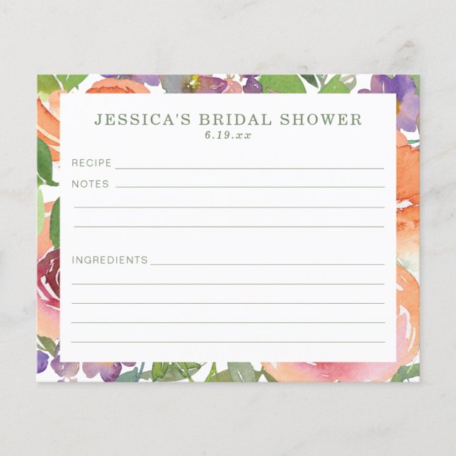 Minimalist Watercolor Floral Bridal Shower Recipe  (Front)