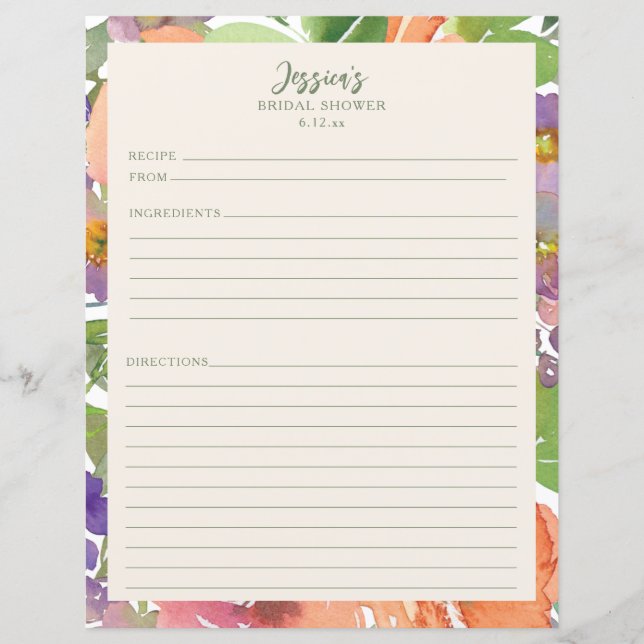 Minimalist Watercolor Floral Bridal Shower Recipes (Front)