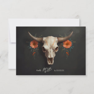 Minimalist Watercolor Floral Cow Skull Wedding RSVP Card