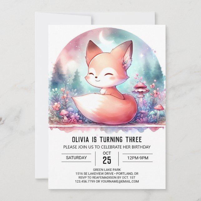  Minimalist Watercolor Fox Birthday digital Invitation (Front)