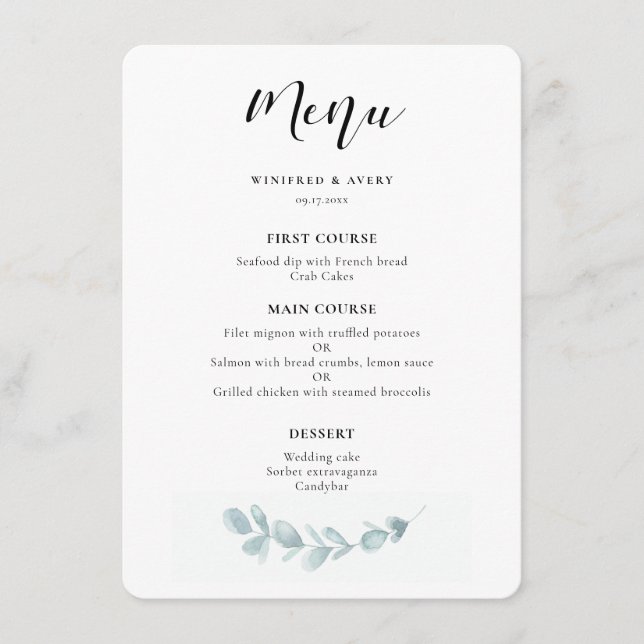Minimalist watercolor greenery wedding menu (Front)