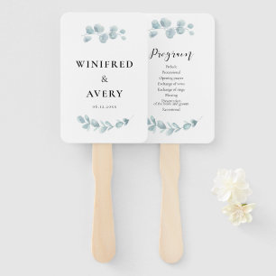 Minimalist watercolor greenery wedding program hand fan