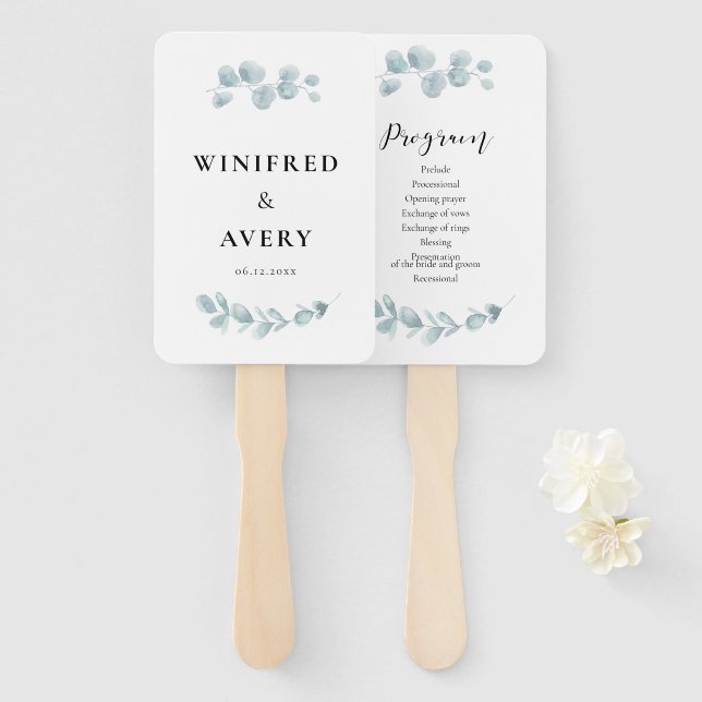 Minimalist watercolor greenery wedding program hand fan (Front and Back)