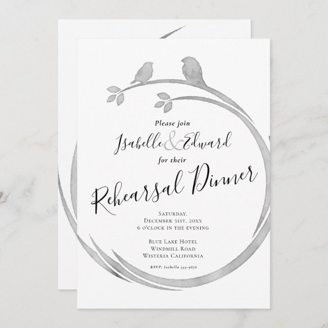 Minimalist  Watercolor Grey Love Birds Rehearsal  Invitation (Front/Back)