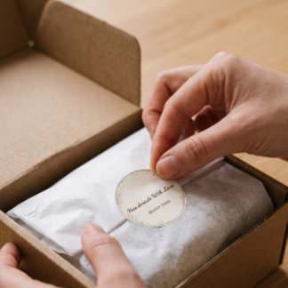 Minimalist Watercolor Handmade with Love Packaging Classic Round Sticker