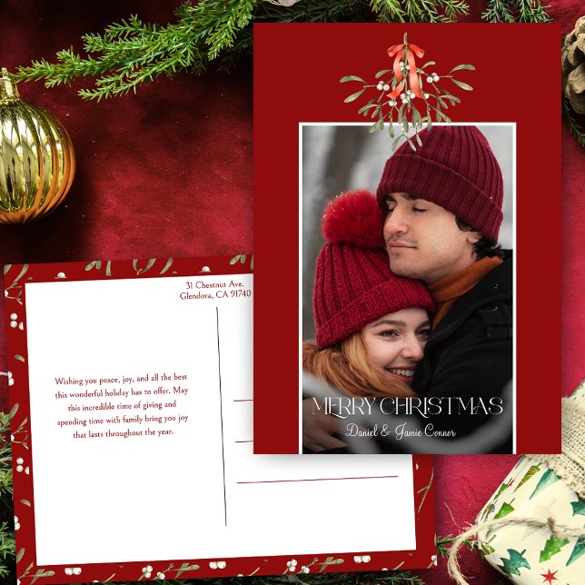 Minimalist Watercolor Mistletoe Christmas Photo Holiday Postcard (Creator Uploaded)
