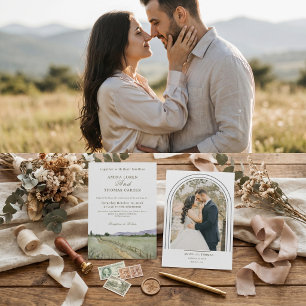 Minimalist Watercolor Mountain Arch Photo Wedding Invitation
