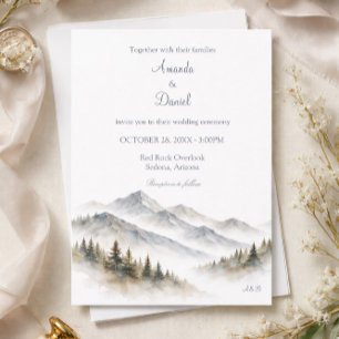 Minimalist Watercolor Mountain Wedding Pine Tree Invitation
