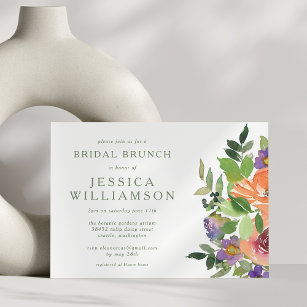 Minimalist Watercolor Orange Floral Bridal Brunch Invitation