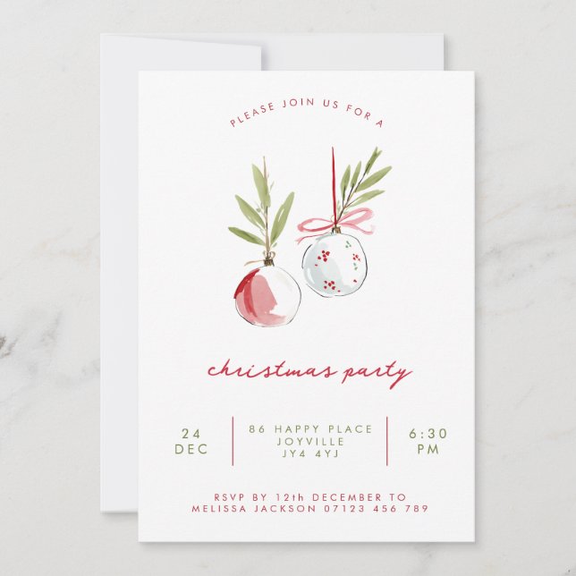 Minimalist Watercolor Ornaments Christmas Party Invitation (Front)