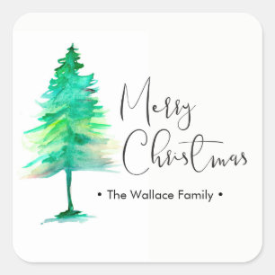 Minimalist Watercolor Pine Tree Merry Christmas Square Sticker