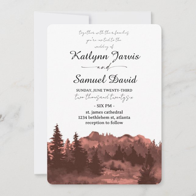 Minimalist Watercolor Pine Tree Mountain Invitation (Front)