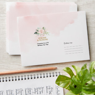 Minimalist watercolor pink roses gold wedding envelope