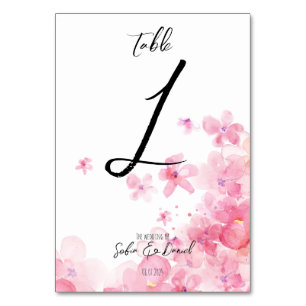 Minimalist watercolor pink wildflower wedding  table number