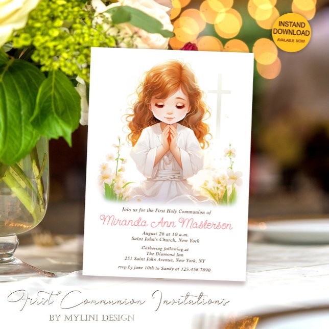 Minimalist Watercolor Praying Girl First Communion Invitation (Creator Uploaded)