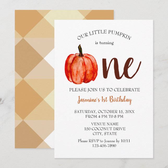 Minimalist Watercolor Pumpkin First Birthday Fall Invitation (Front/Back)