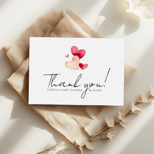 Minimalist Watercolor Red Hearts Baby Shower Thank You Card