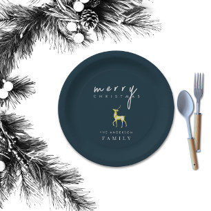 Minimalist Watercolor Reindeer Merry Christmas Paper Plate