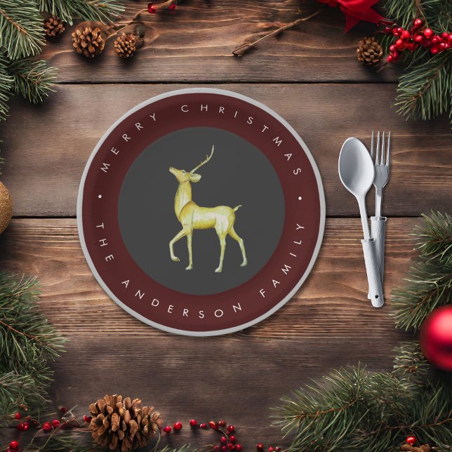 Minimalist Watercolor Reindeer Merry Christmas Paper Plate (Creator Uploaded)