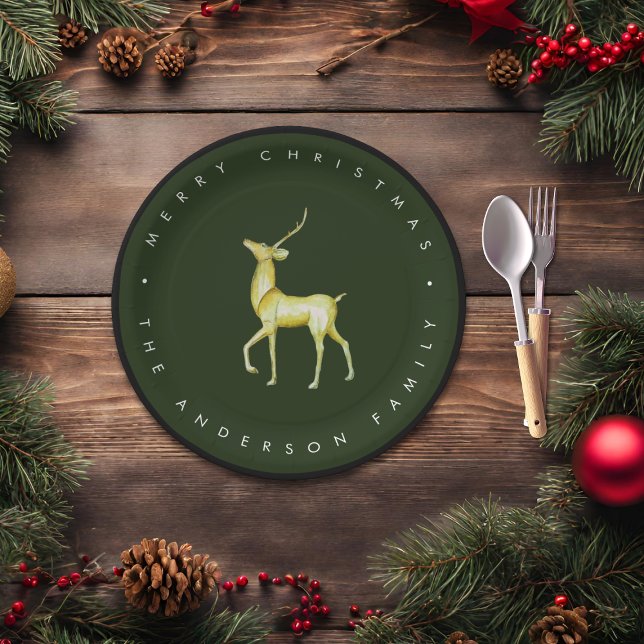 Minimalist Watercolor Reindeer Merry Christmas Paper Plate (Creator Uploaded)
