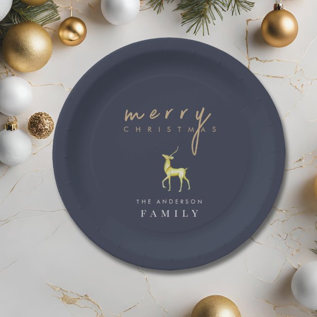 Minimalist Watercolor Reindeer Merry Christmas Paper Plate (Creator Uploaded)