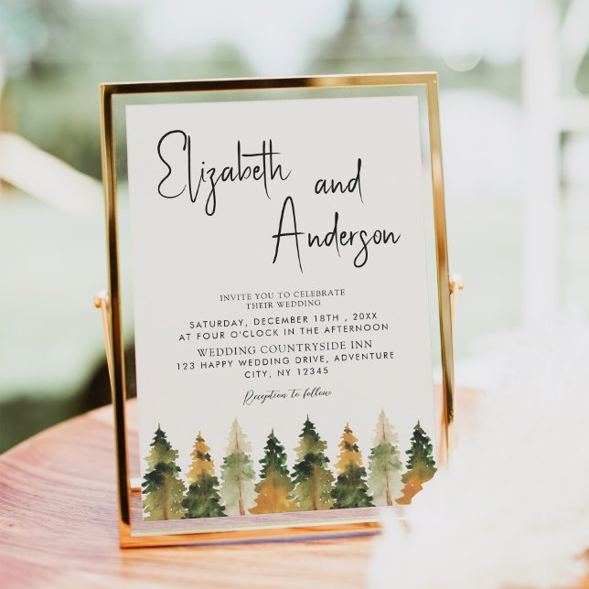 Minimalist Watercolor Rustic Pine Autumn Wedding  Invitation (Creator Uploaded)