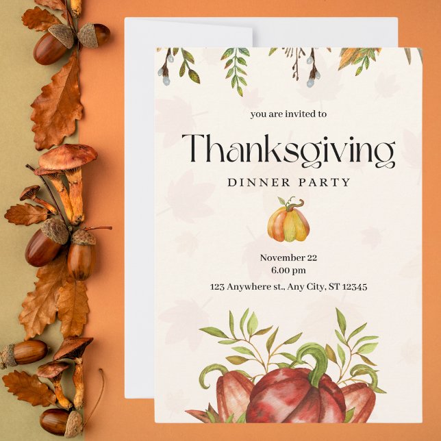 Minimalist Watercolor Thanksgiving Dinner Party Invitation (Creator Uploaded)