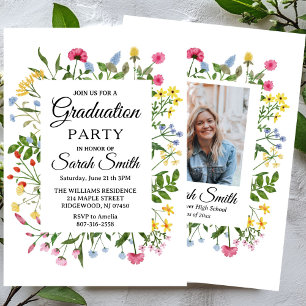 Minimalist Watercolor Wildflower Wreath Graduation Invitation