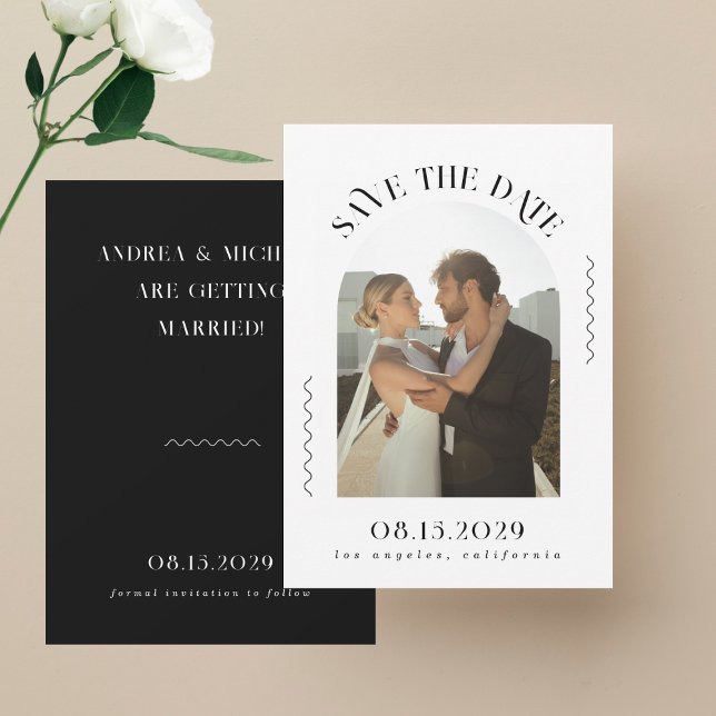 Minimalist Wavy Lines Boho Arched Photo Wedding  Save The Date (Creator Uploaded)