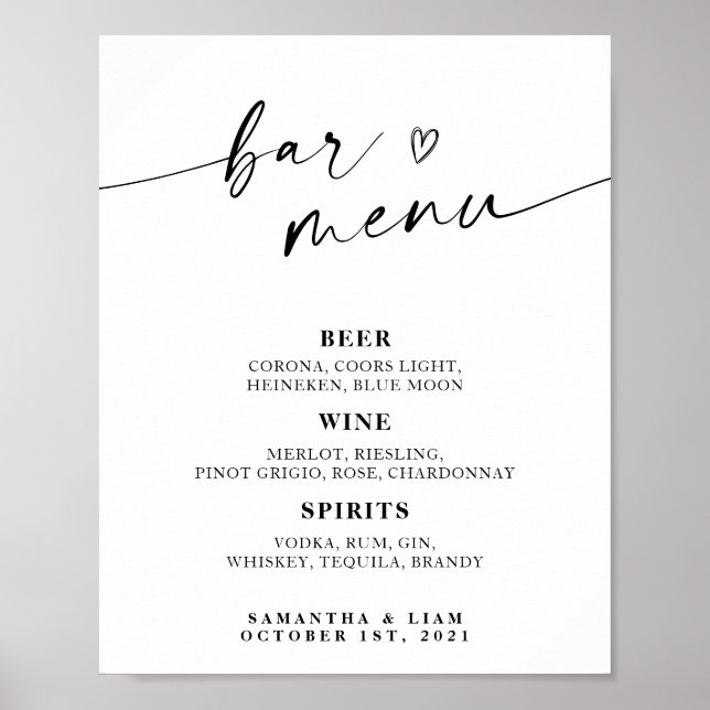 Minimalist Wedding Bar Menu Sign (Front)