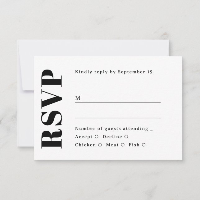 Minimalist Wedding. Black & White Clean Typography RSVP Card (Front)