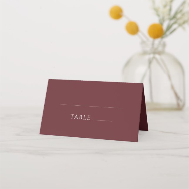 Minimalist Wedding Burgundy Typography Place Card (Front)