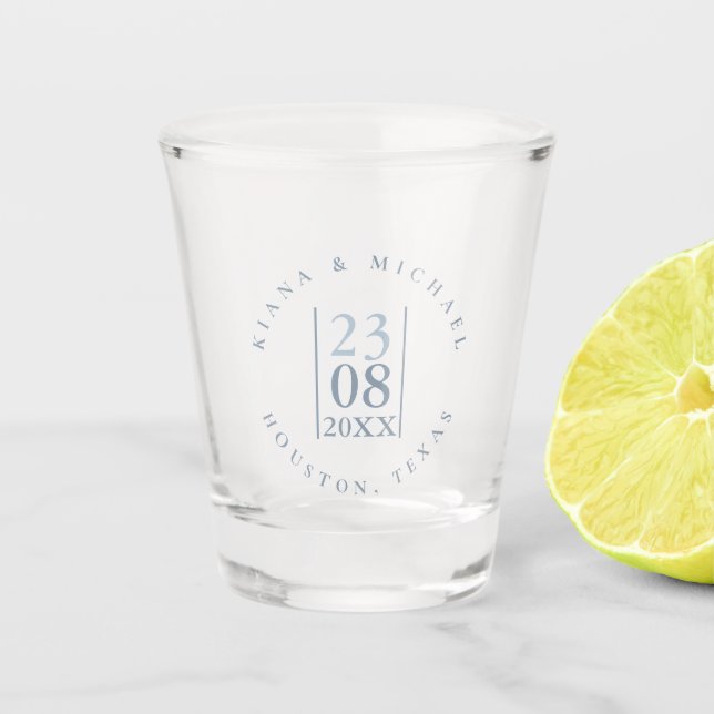 Minimalist Wedding Date Dusty Blue ID889 Shot Glass (Front)