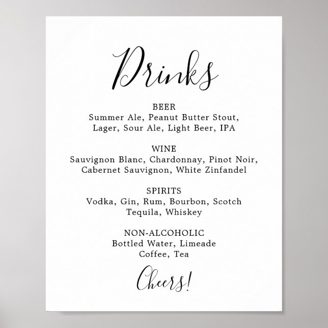 Minimalist Wedding Drinks Menu Sign (Front)