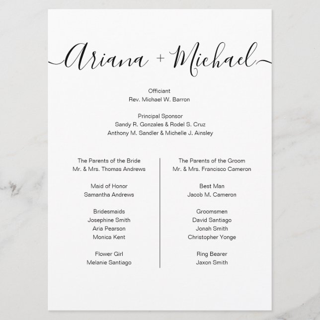 Minimalist Wedding Entourage list Simple Elegant  Programme (Front)