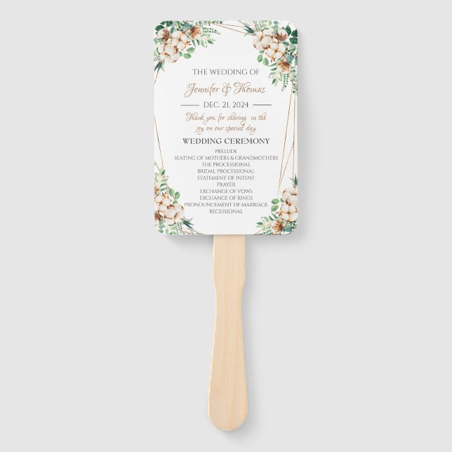 Minimalist Wedding Fan Program Eucalyptus & Cotton (Front)