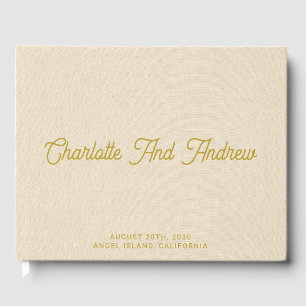 Minimalist Wedding Gold Monogram Cream Faux Linen  Guest Book
