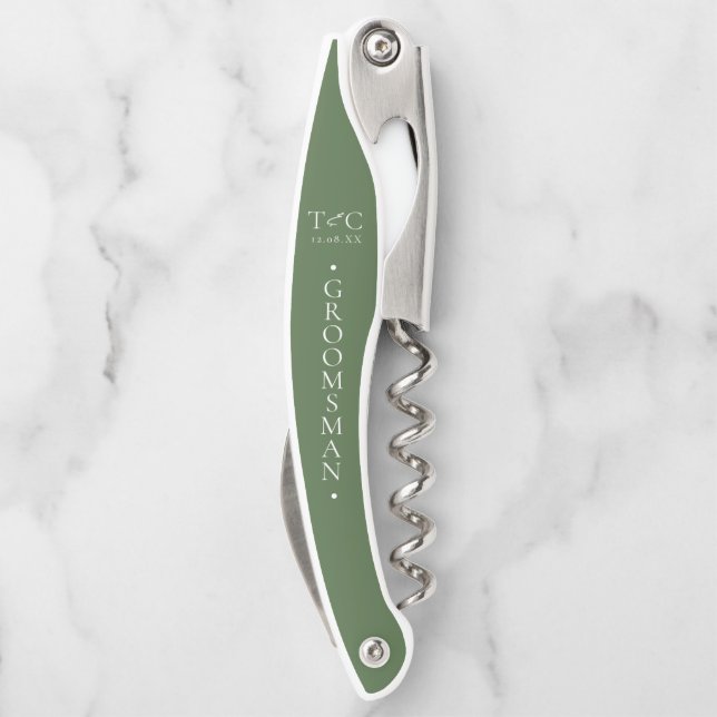 Minimalist Wedding Groomsman Wht/Green ID954 Corkscrew (Back)