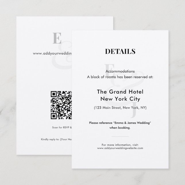 Minimalist Wedding Hotel Details Card | QR Code (Front/Back)