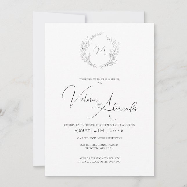 Minimalist Wedding Invitation Hand-Drawn Wreath (Front)