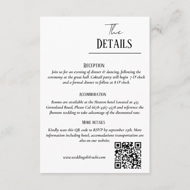 Minimalist wedding invite suite, wedding details  (Front)